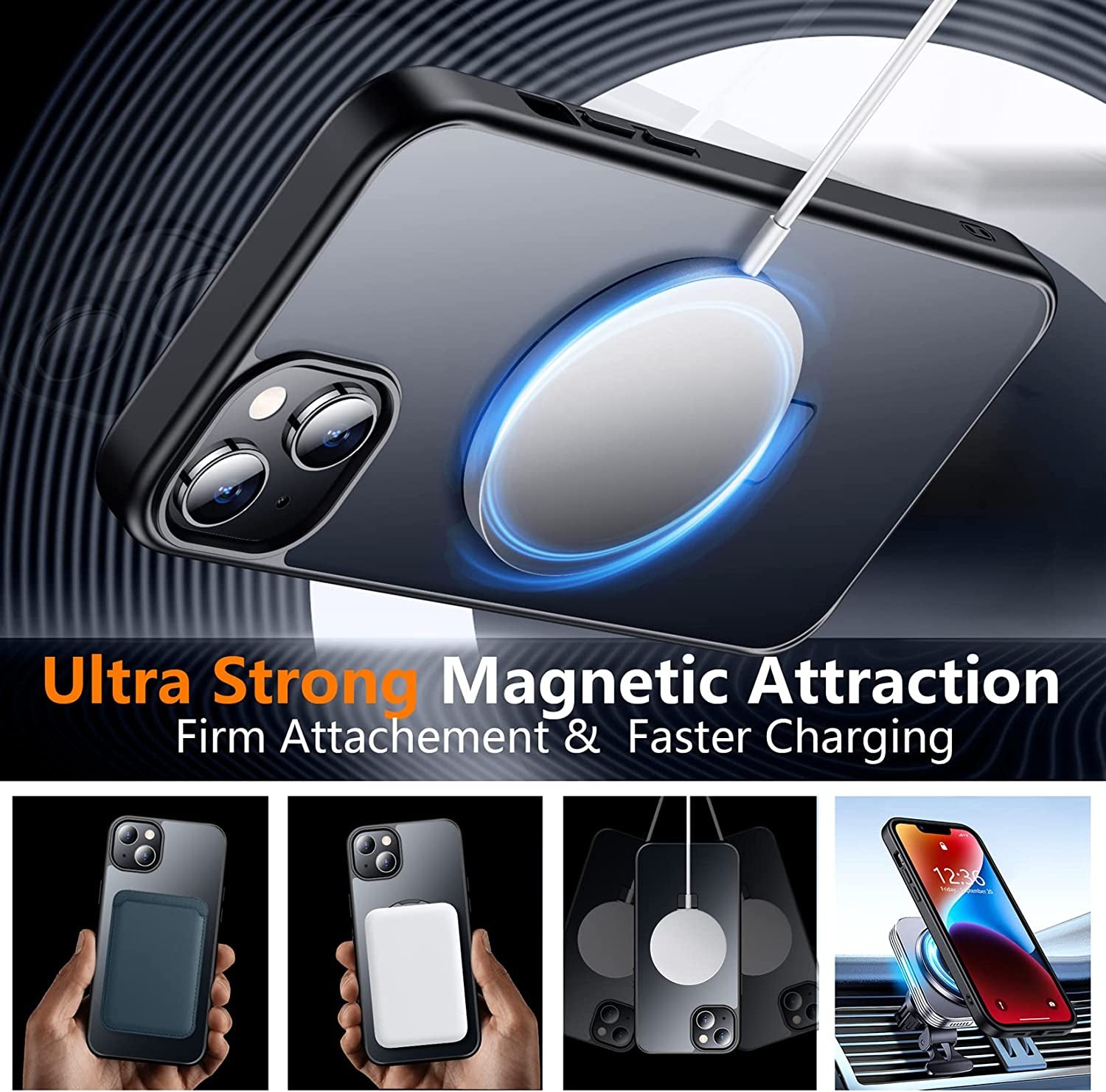 SPIDERCASE for Iphone 14 plus Case with Magnetic Invisible Stand,[Compatible for Magsafe][Military Grade Shockproof][2 Pack Tempered Glass Screen Protector] Translucent Matte Phone Case, Black  SPIDERCASE   