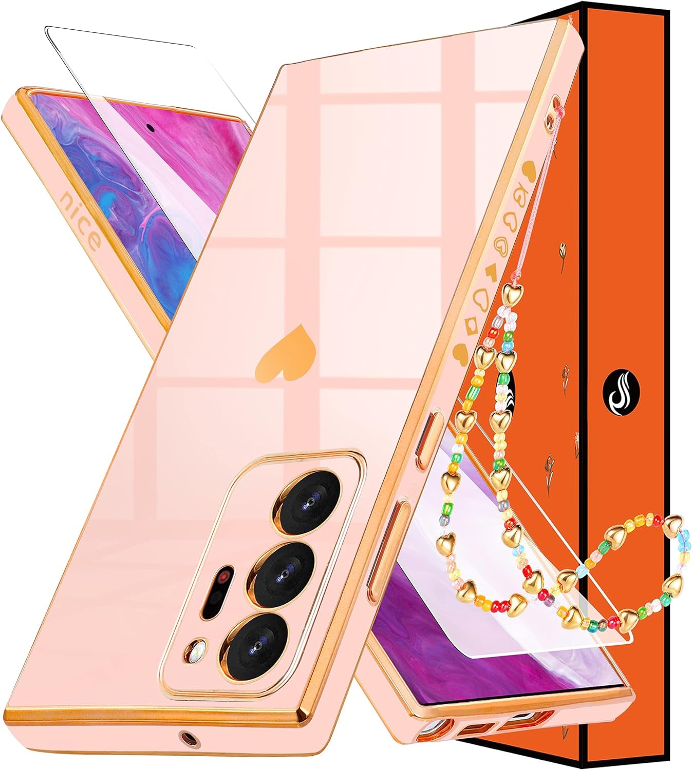 Shorogyt (3In1 Heart Case for Samsung Galaxy Note 20 Ultra 5G/4G 6.9 Inch Women Cute Aesthetic Love Hearts Pattern Girls Dark Blue Gold Luxury Girly Design Cases Cover+Screen+Chain for Note20 Ultra  qunxiner Only For Samsung Note 20 Ultra Pink  