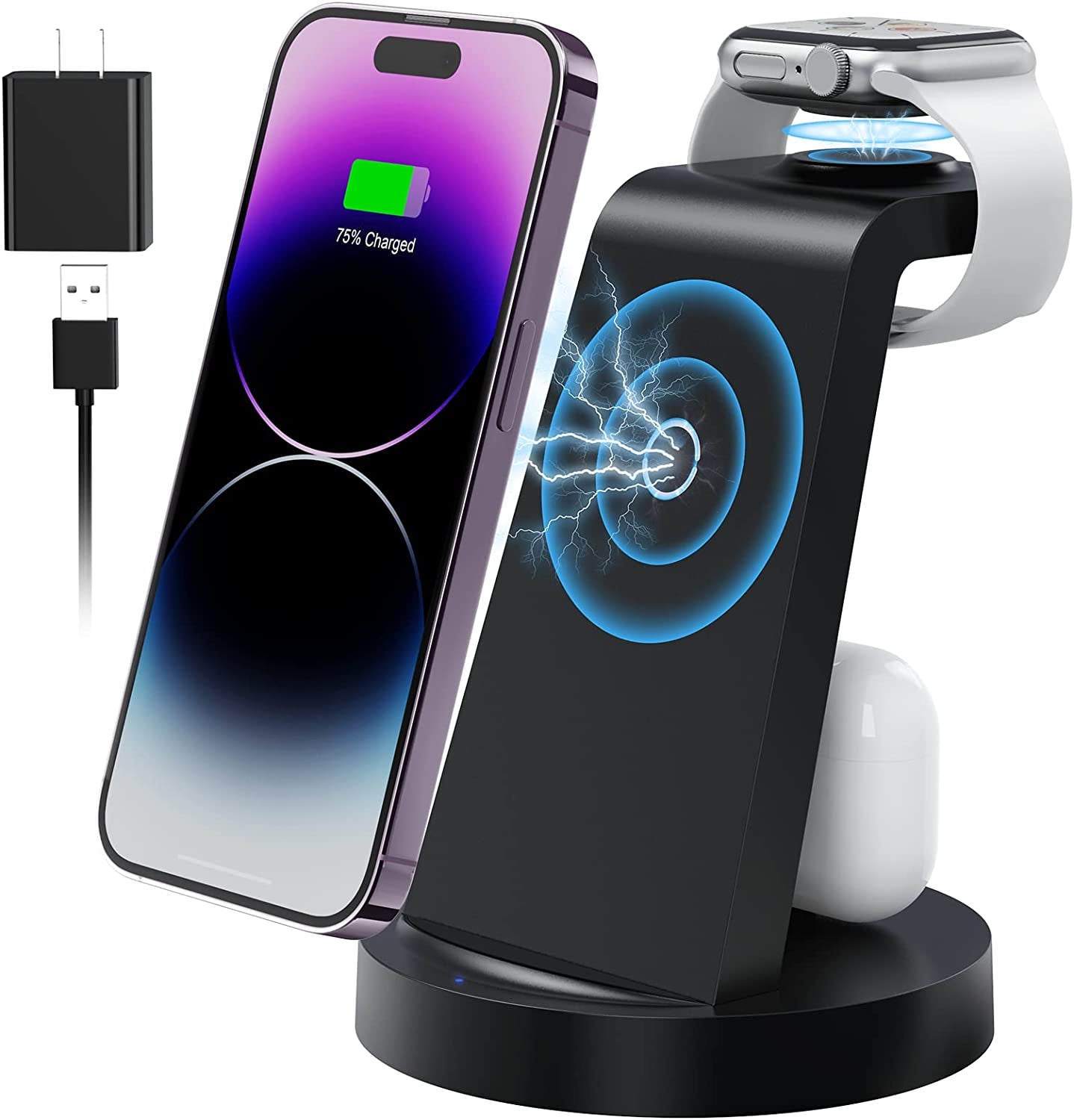 Wireless Charging Station, 3 in 1 Wireless Charger for Iphone 14/13/12/11/Pro/Max/Se/Xs/Xr/X/8 Plus/8, Fast Wireless Charging Stand Dock for Apple Watch Series & Airpods(With Adapter)  shenzhenshijinzhizhuokejiyouxiangongsi   