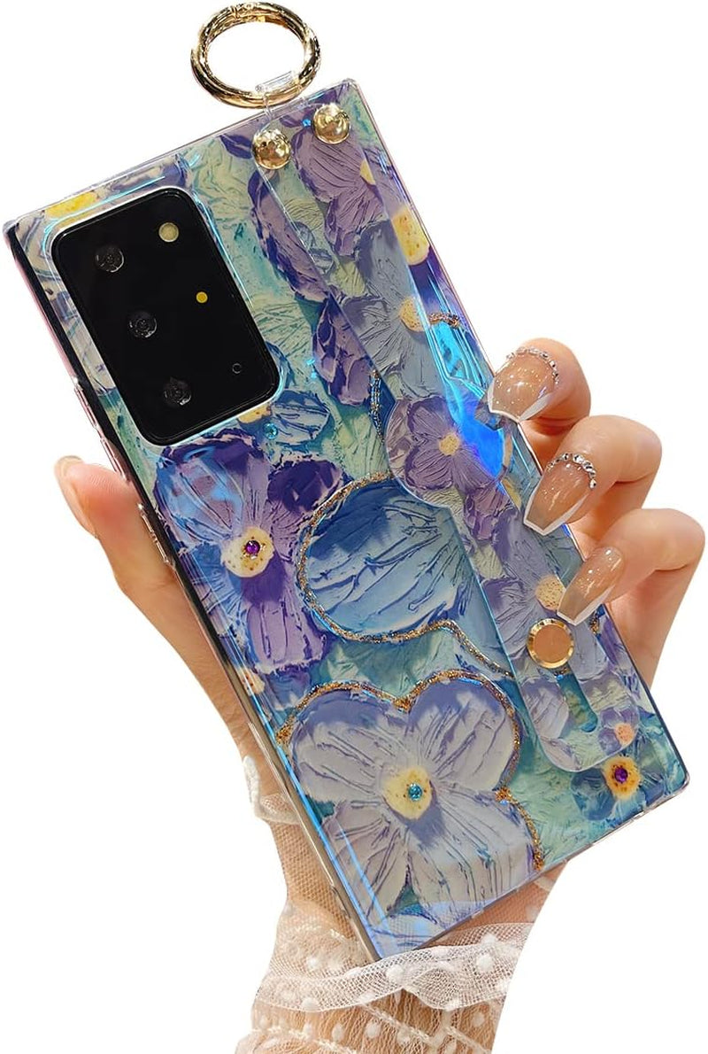 Lastma for Samsung Galaxy Note 20 Ultra Case Cute with Wrist Strap Kickstand Case 5G Glitter Bling Cartoon IMD Soft TPU Shockproof Protective Phone Cases Cover for Girls and Women - Purple Butterfly  Lastma Taro Flower  