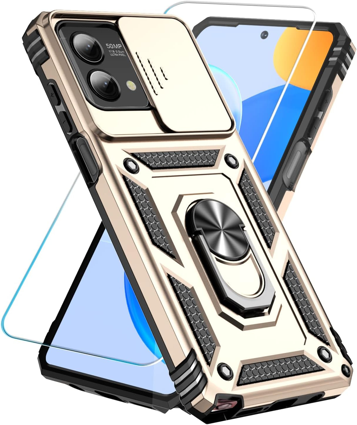 Sunstory for Motorola Moto G Stylus 5G 2023 Case with Tempered Glass Screen Protector & Slide Camera Cover & Kickstand, [Military-Grade] Phone Case for Moto G Stylus 5G 2023 (Blue)  SunStory Gold  