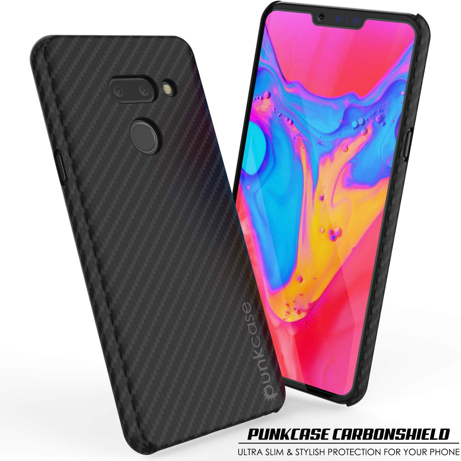 LG G8 Case [Carbonshield Series] Ultra Thin 2 Piece Dual Layer PU Leather Cover [Shockproof][Non Slip] with PUNKSHIELD Screen Protector Compatible W/LG G8 Thinq (Jet Black)  PunkCase   