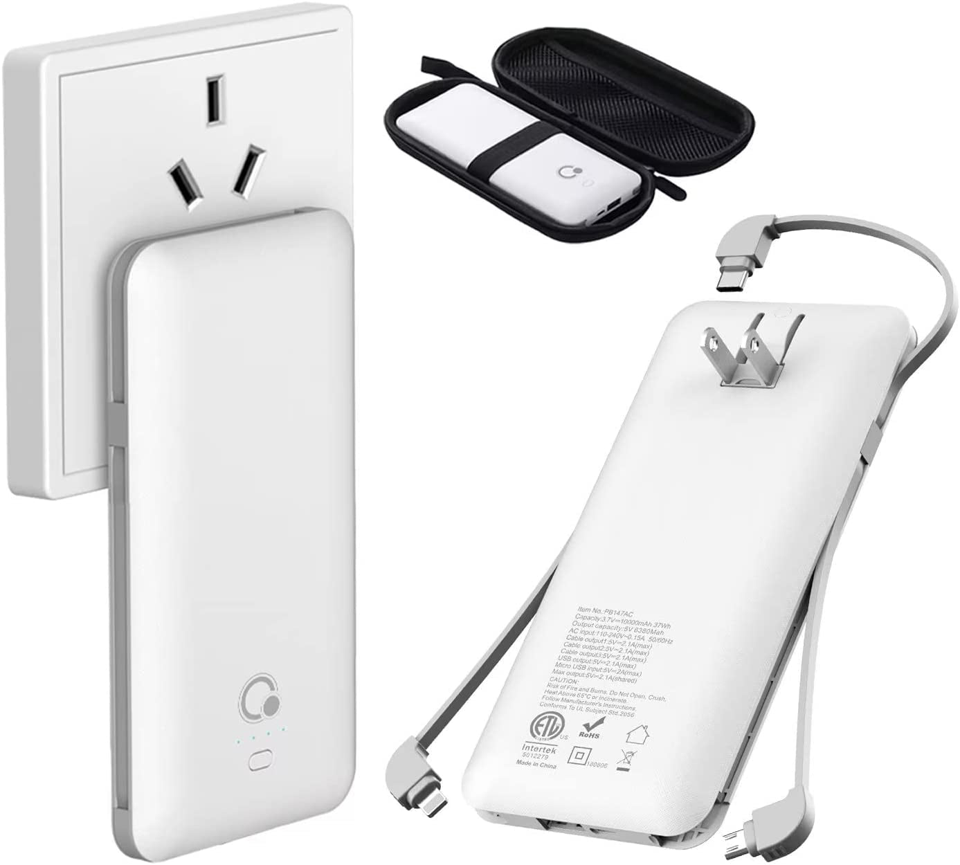 10000Mah Q Portable Charger, Ultra Slim USB C Power Bank, 4 Output Dual Input External Battery Pack with Built-In AC Wall Plug,Built in Micro and USB C Three Cables Compatible with All Mobilephone  Shen Zhen South Fortune Technology Co.,Ltd   