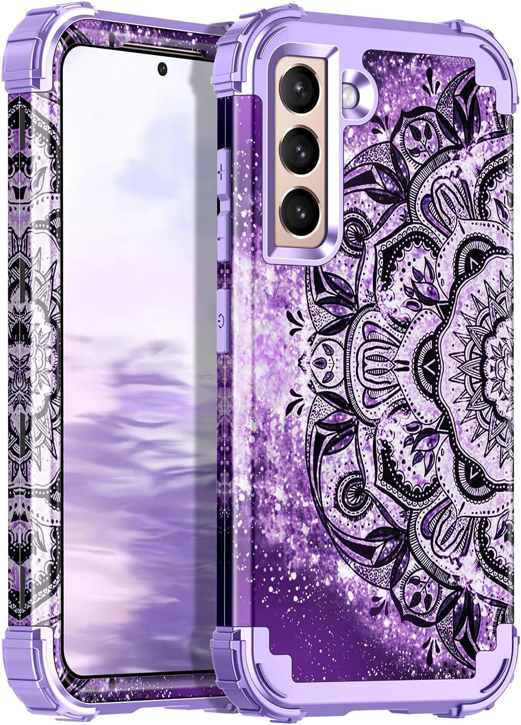 Rancase for Galaxy S21 plus 5G Case,Three Layer Heavy Duty Shockproof Protection Hard Plastic Bumper +Soft Silicone Rubber Protective Case for Samsung Galaxy S21 plus 5G 6.7 Inch,Black  Rancase Purple Flower  