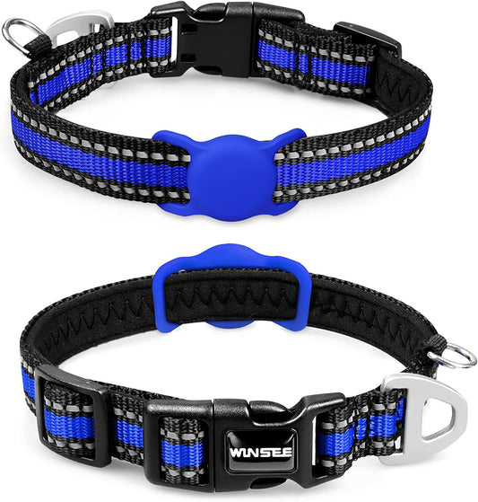 WINSEE Airtag Dog Collar, Reflective Nylon Pet Collar with Silicone Case for Apple Airtags, Pet Airtag Holder for Puppy Small Medium Large and Extra-Large Dogs (S:10"-16" Neck, Deep Blue)  WINSEE   