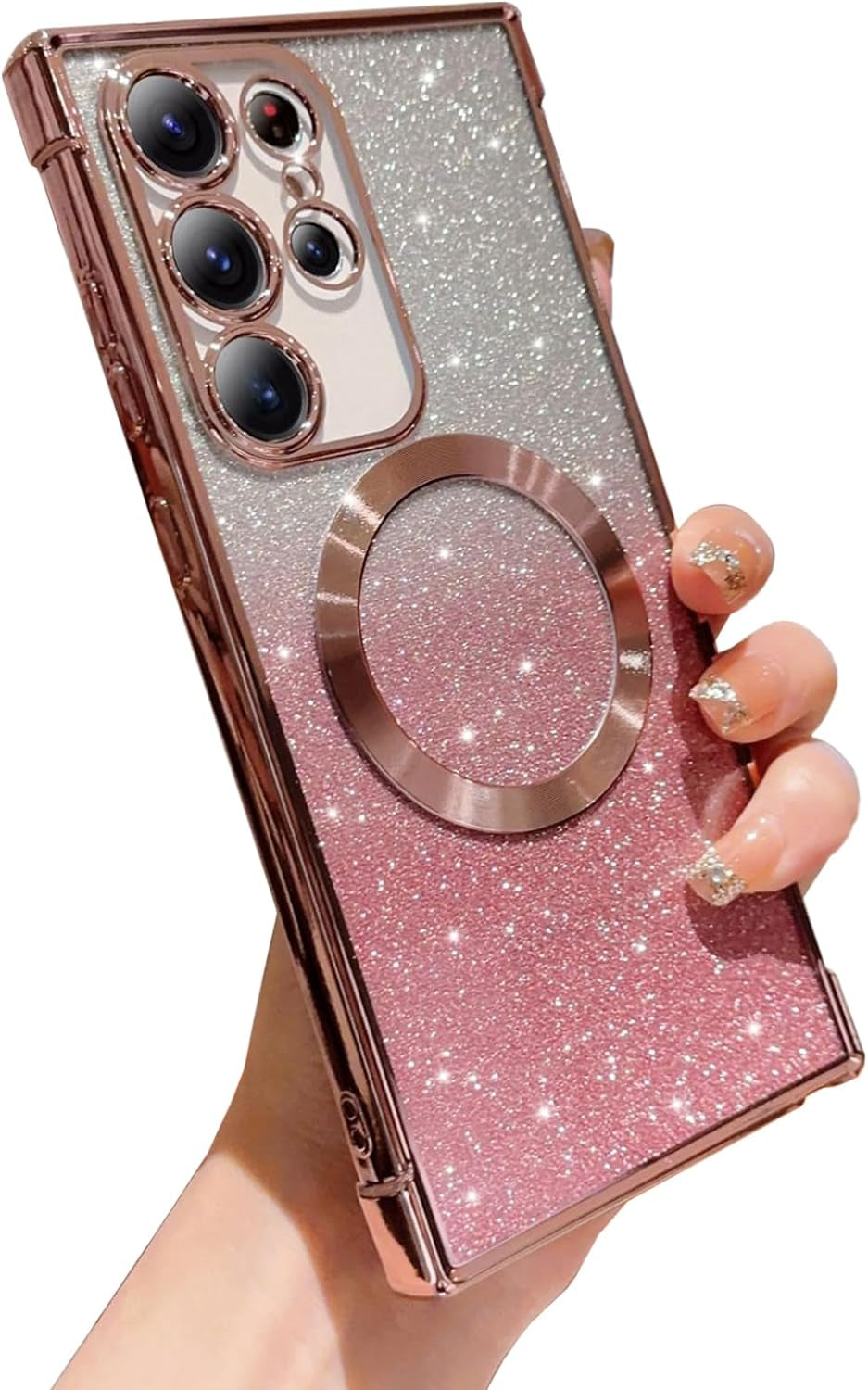 Aowner for Samsung Galaxy S21 Ultra Magnetic Case Compatible with Magsafe, Full Protection Square Glitter Clear Phone Case for Women Girls Cute Soft Shockproof Bumper Protective Cover Case 6.8"-Gold  aowner Pink Samsung Galaxy S21 Ultra - 6.8" 