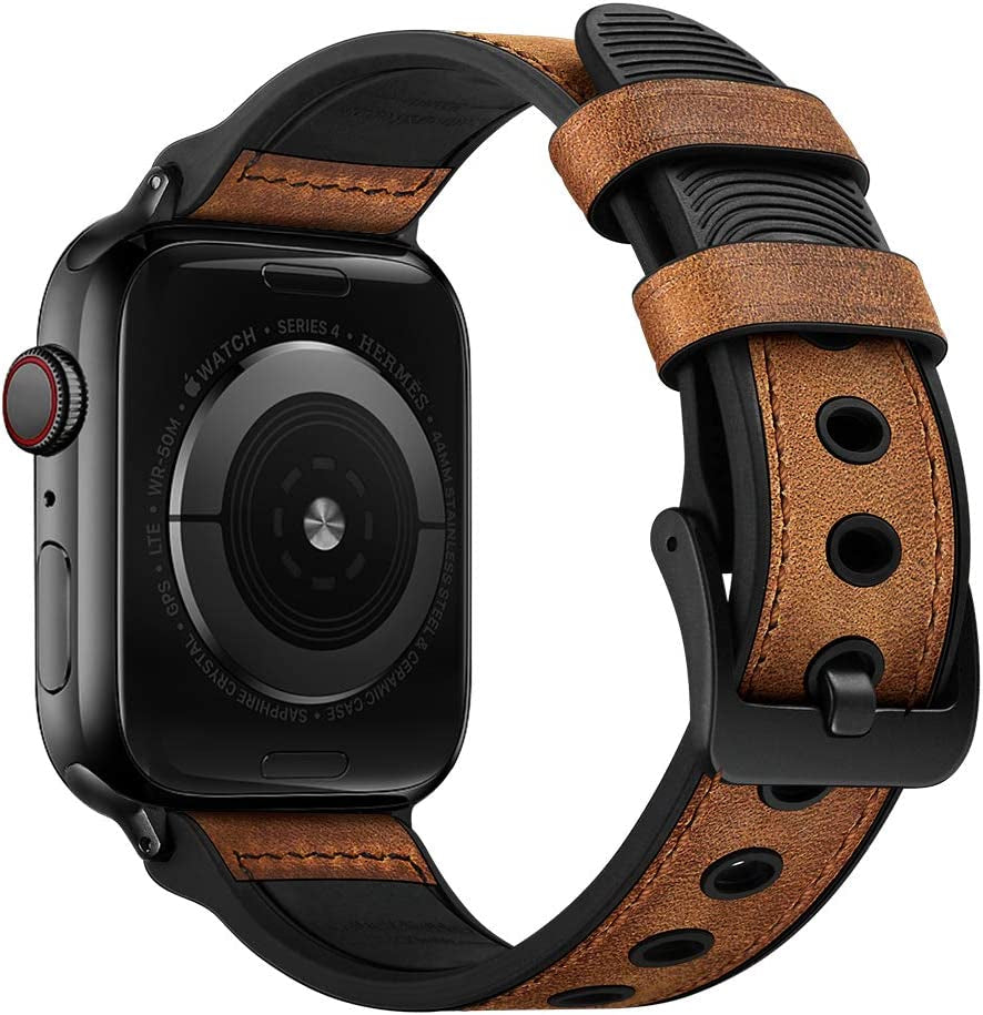 OUHENG Compatible with Apple Watch Band 49Mm 45Mm 44Mm 42Mm, Sweatproof Genuine Leather and Rubber Hybrid Band Strap for Iwatch Ultra Series 8 7 6 5 4 3 2 1 SE2 SE, Brown Band with Black Adapter  OUHENG Brown/Black 2.0 41mm/40mm/38mm 