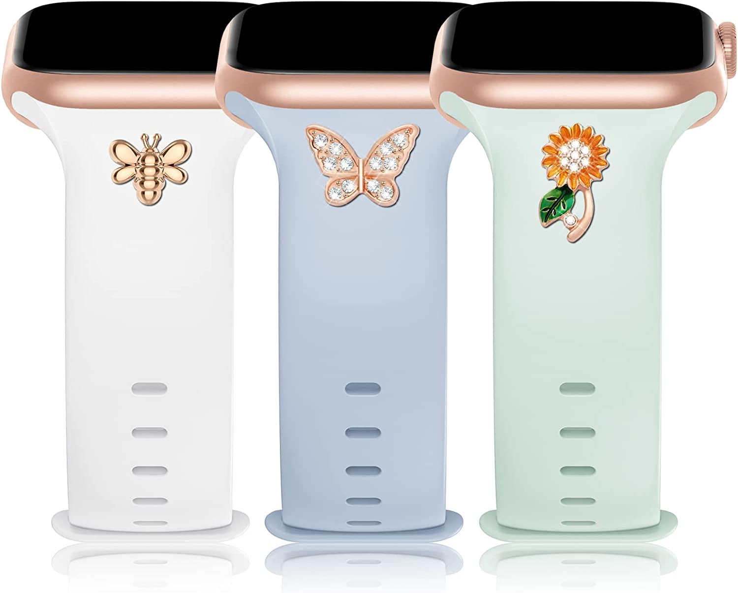 3 Pack Sport Band with DIY Charms Compatible with Apple Watch Bands 41Mm 40Mm 38Mm, Designer Soft Silicone Wristbands Replacement Strap for Iwatch Series SE 8 7 6 5 4 3 2 1 Utral for Women Men  Plesechde White/Light Blue/Light Green 42mm/44mm/45mm/49mm 