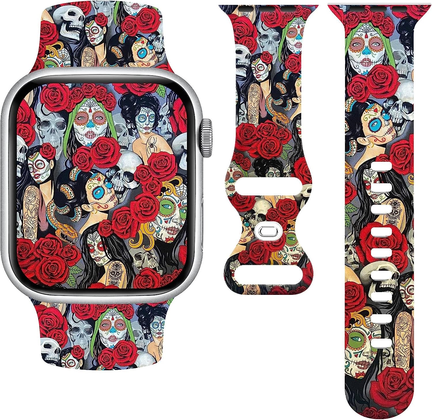 Halloween Watch Band Compatible with Apple Watch 38Mm 40Mm 41Mm 42Mm 44Mm 45Mm, Day of the Dead Decor Replacement Bands Silicone Wristbands Strap Compatible with All Iwatch Series  WANSENCE   