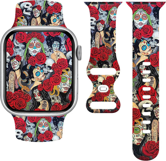 Halloween Watch Band Compatible with Apple Watch 38Mm 40Mm 41Mm 42Mm 44Mm 45Mm, Day of the Dead Decor Replacement Bands Silicone Wristbands Strap Compatible with All Iwatch Series  WANSENCE   