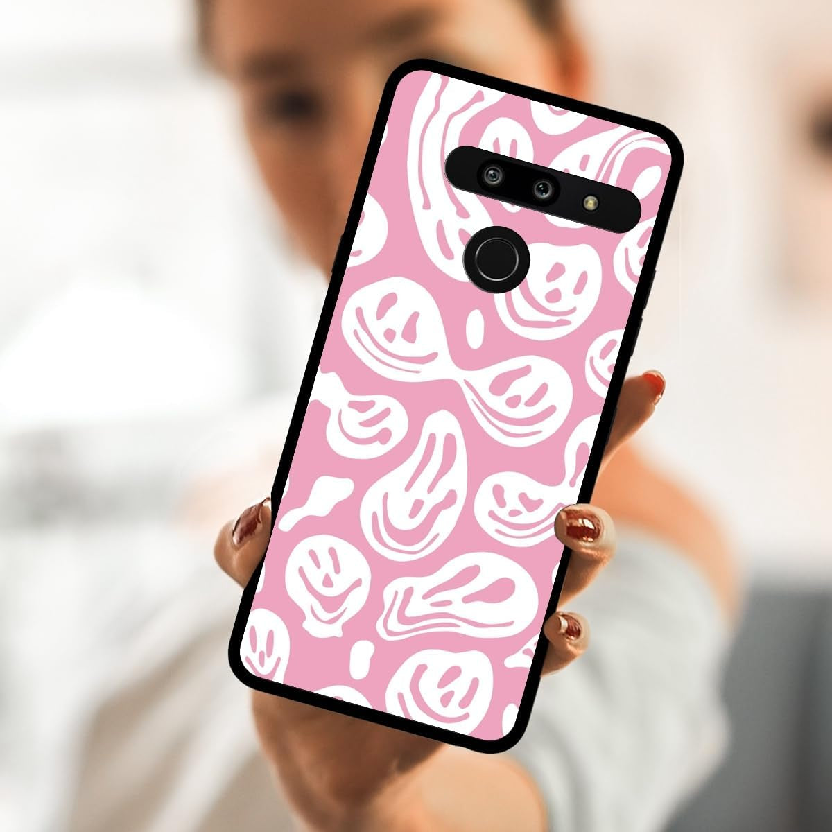 Zaztify Phone Case for LG G8 Thinq, Pastel Pink White Funny Trippy Dripping Smile Melted Hippie Smiling Skull Ghost Face Shockproof Protective Cover Shell  zaztify   