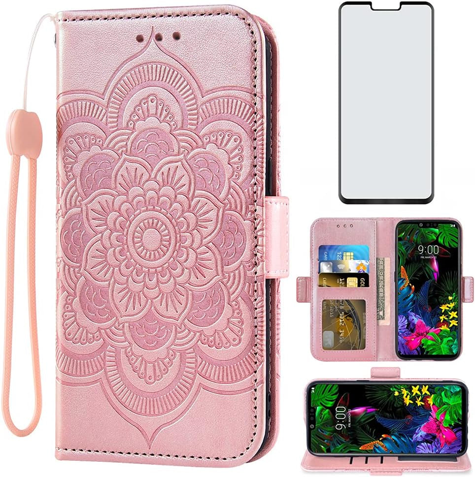 Asuwish Compatible with LG G8 Thinq Wallet Case and Tempered Glass Screen Protector Leather Flip Cover Card Holder Stand Cell Phone Cases for LGG8 Thin Q G 8 LG8 G8Thinq Lgg8Thinq 8G Women Men Blue  Asuwish Rose Gold  