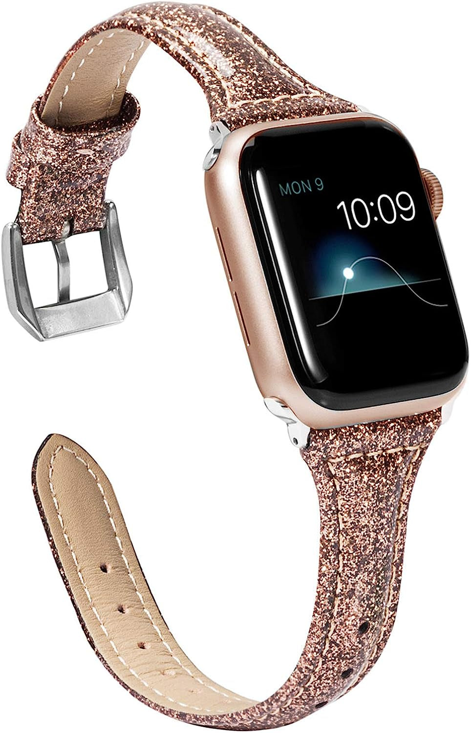 Wearlizer Rose Gold Leather Compatible with Apple Watch Leather Bands 38Mm 40Mm 41Mm Womens for Iwatch Series 8 7 6 5 4 3 2 1 SE Shiny Slim Smooth Wristband Bling Glitter Strap (Gold Clasp)  Wearlizer Coffee 38/40/41mm 