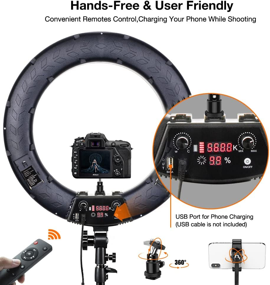 Inkeltech Ring Light - 18 Inch 3000K-6000K Dimmable Bi-Color Light Ring, 60W LED Ring Light with Stand, Lighting Kit for Vlog, Selfie, Makeup, Youtube, Camera, Phone - LCD Screen & Remote Control  INKELTECH   