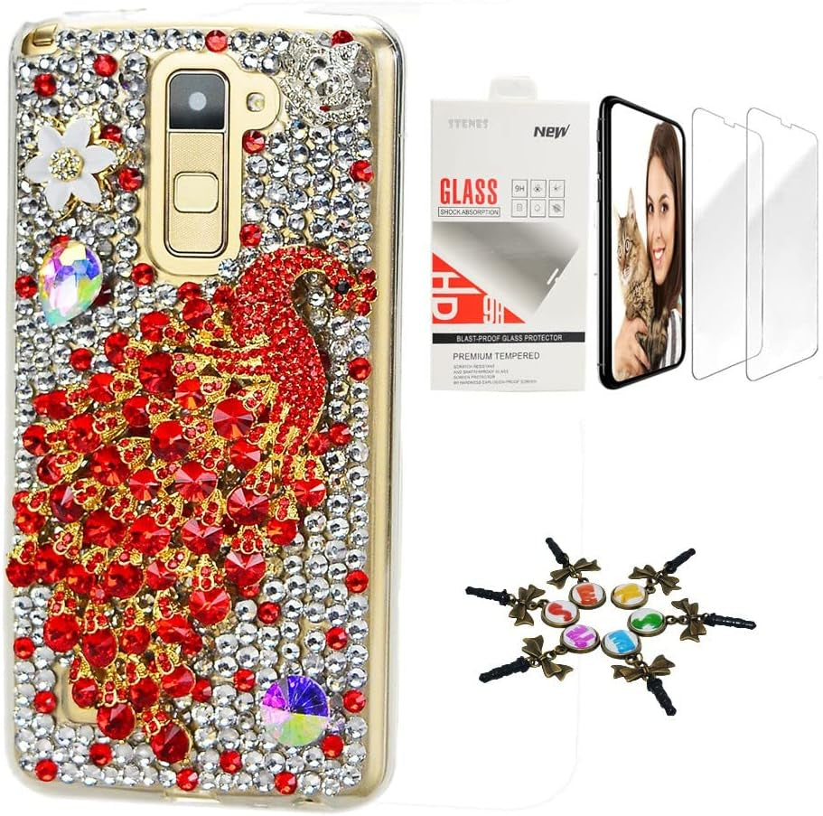 STENES Bling Case Compatible with LG V40 Thinq - Stylish - 3D Handmade [Sparkle Series] Luxury Peacock Flowers Design Cover with Screen Protector [2 Pack] - Red  STENES   