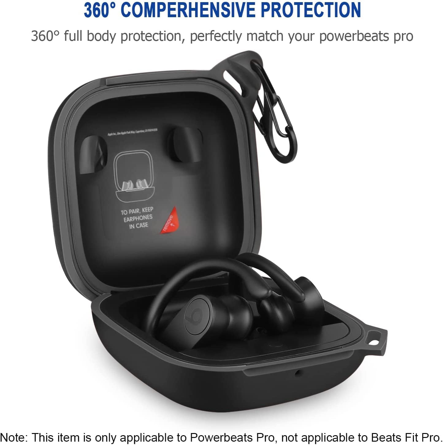 HIETON Silicone Case for Powerbeats Pro, Anti-Break Anti-Lost & Shockproof Easy Carrying Unique Dual Hole Portable Protective Case Cover with Carabiner for 2019 Newest Beats Powerbeats Pro(Black)  HIETON   