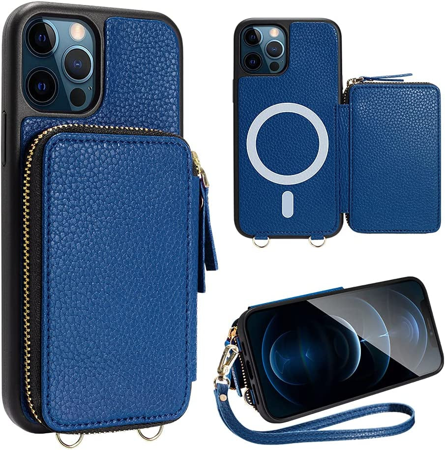 ZVE Wallet Case for Iphone 14 Pro Max 6.7 Inch, Magsafe Zipper Leather RFID Blocking Cards Holder Slots Case with Magnetic Wireless Charging, Protective Cover for Iphone 14 Pro Max 6.7"(2022)-Black  ZVE Navy Blue iPhone 12 Pro Max 