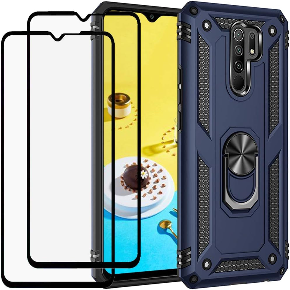 Duolide for Xiaomi Redmi 9 6.53" Case with Tempered Glass Screen Protector,Hybrid Heavy Duty Dual Layer Anti-Scratch Shockproof Defender Kickstand Case Cover, Red  DuoLide Blue  