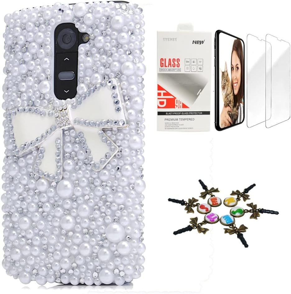 STENES Bling Case Compatible with LG V40 Thinq - Stylish - 3D Handmade [Sparkle Series] Bowknot Design Cover with Screen Protector [2 Pack] - White  STENES Bowknot / White Design For Lg G6 / Lg G6 Plus 