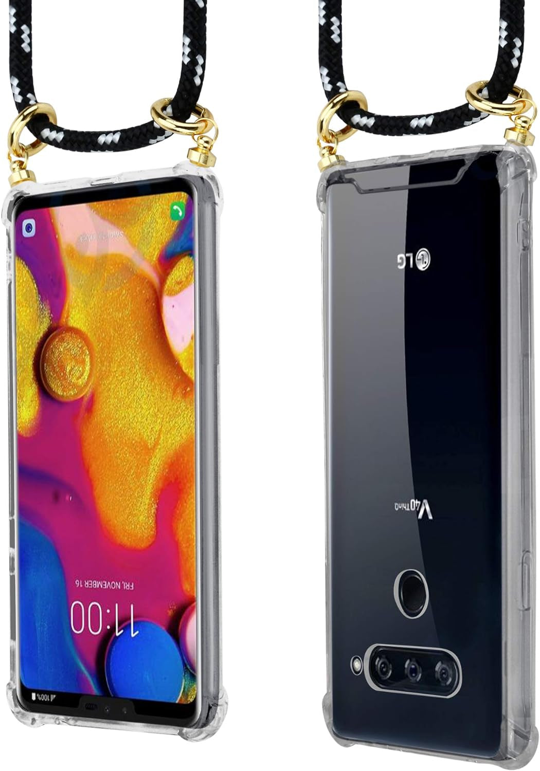Cadorabo Necklace Case Compatible with LG V40 in Black Silver - Transparent TPU Silicone Cover with Golden Rings, Sling Strap and Removable Etui  Cadorabo   