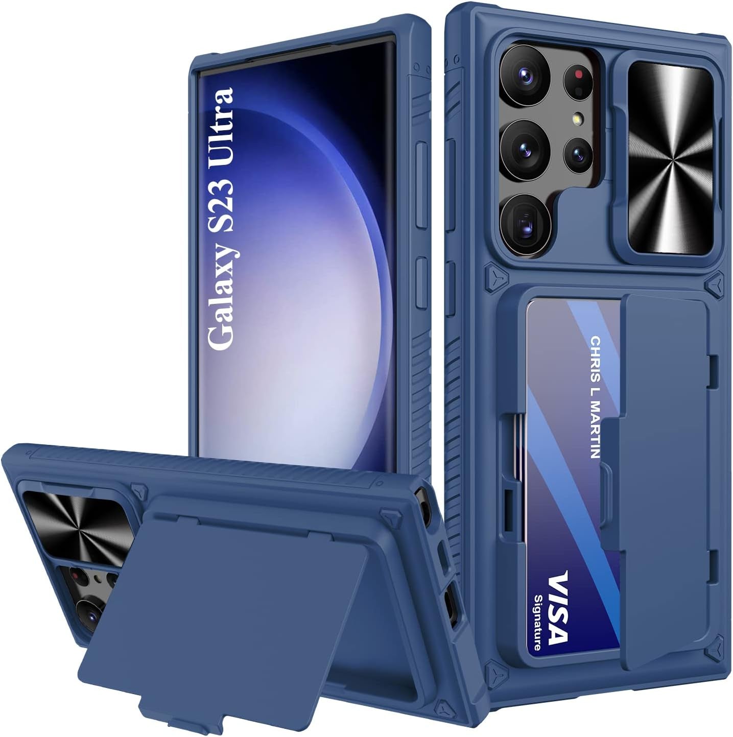 BXYJY Phone Case for Samsung Galaxy S23 Ultra with Card Holder & Kickstand & Slide Camera Cover, Protective Shockproof Phone Cover Wallet Case Compatible with Galaxy S23 Ultra 5G 2023, Blue  BXYJY   