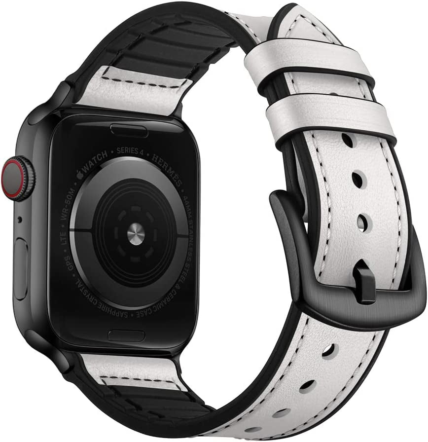 OUHENG Compatible with Apple Watch Band 49Mm 45Mm 44Mm 42Mm, Sweatproof Genuine Leather and Rubber Hybrid Band Strap for Iwatch Ultra Series 8 7 6 5 4 3 2 1 SE2 SE, Brown Band with Black Adapter  OUHENG White/Black 49mm/45mm/44mm/42mm 