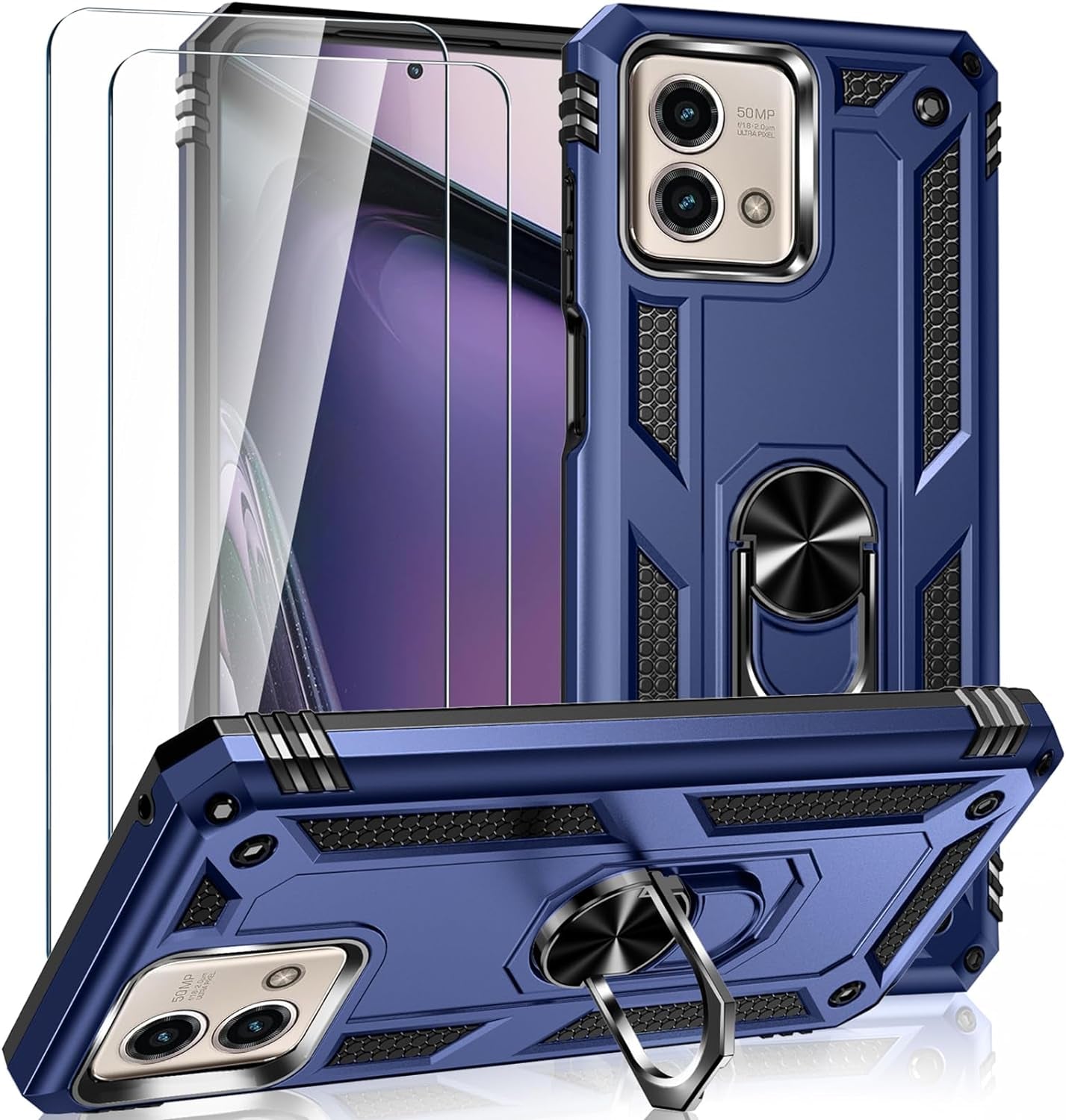 For Motorola Moto G Stylus 5G 2023 Case with 2 Pcs Tempered Glass Screen Protector, [Military-Grade] Rugged Heavy Duty Shockproof Phone Case Cover with Kickstand for Moto G Stylus 5G 2023, Black  Steuscey Blue  
