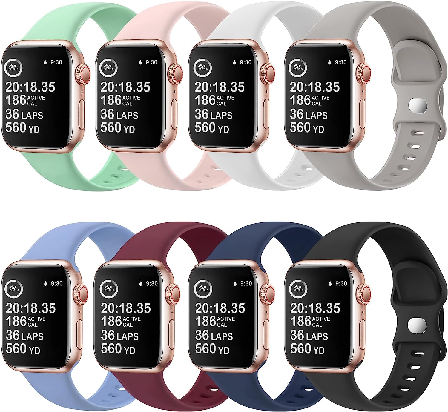 8 Pack Watch Bands Compatible with Apple Watch Band 38Mm 40Mm 41Mm 42Mm 44Mm 45Mm 49Mm for Women Men, Soft Silicone Waterproof Sport Strap Replacement Wristbands for Iwatch Series 8 7 6 5 4 3 2 1 SE  OriBear 8 Pack D (Cyan/Pink/White/Dark Gray/Haze Blue/Wine Red/Sapphire/Black) 38mm/40mm/41mm S/M 