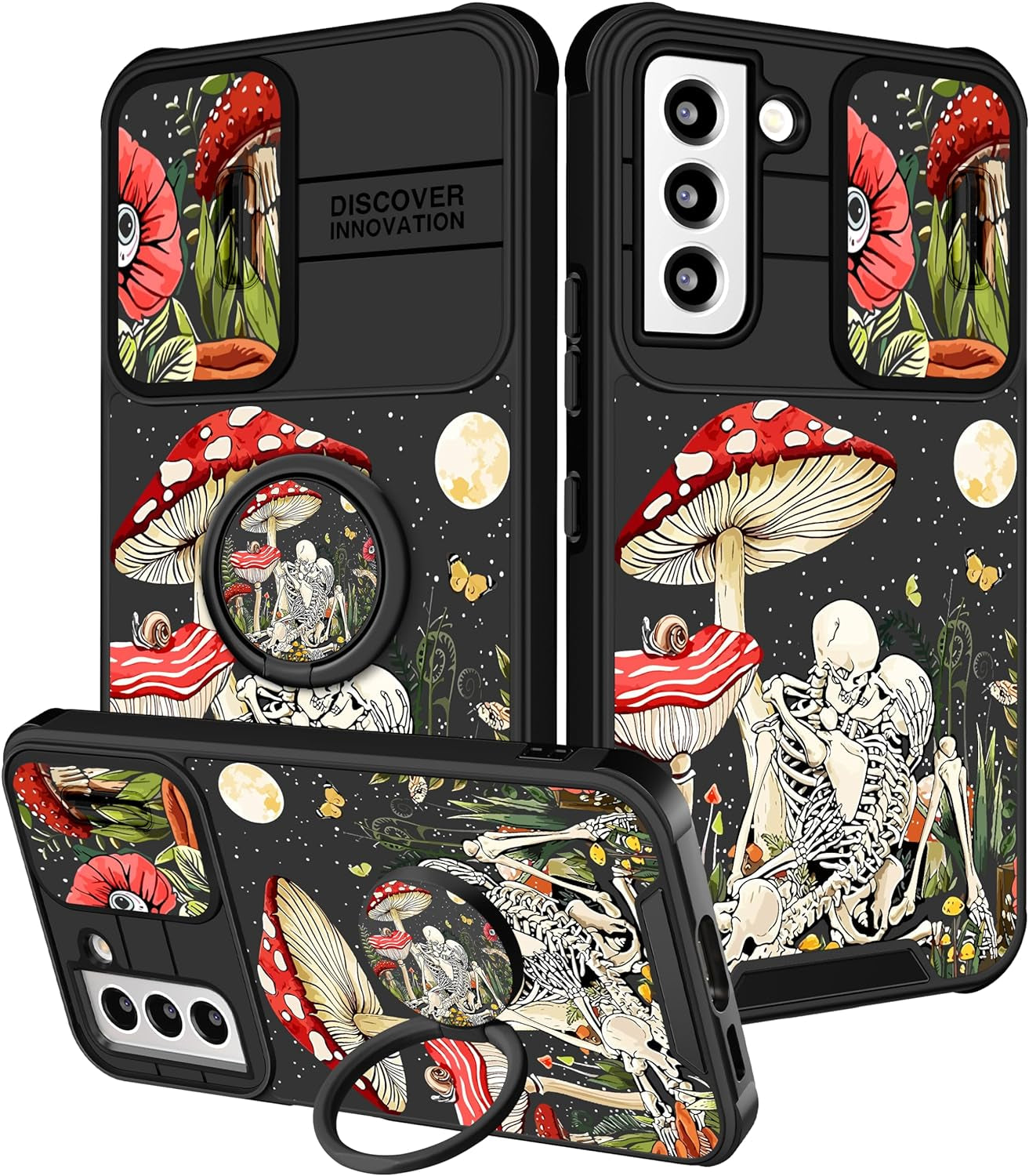 Funermei (2In1 for Samsung Galaxy S22 Case for Girls Women Cute Butterfly Cover Girly Aesthetic Black Pretty Fashion Design with Camera Cover and Ring Stand Funda for Galaxy S22 Phone Cases  Funermei 3-For Mushroom Skull  