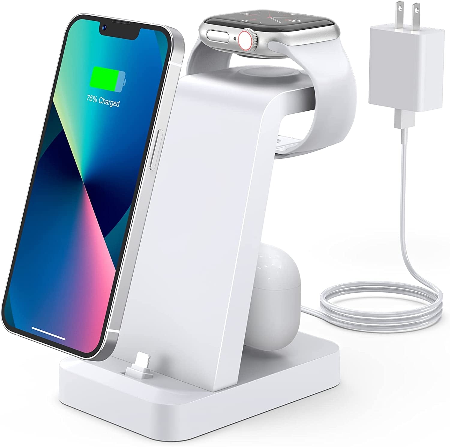 Charger Station for Iphone Multiple Devices - 3 in 1 Fast Wireless Charging Dock Stand for Apple Watch Series 7 6 SE 5 4 3 2 & Airpods Iphone 14 13 12 11 Pro X Max XS XR 8 7 plus 6S 6 with Adapter  Shenzhen GTL Technology Co., Ltd. White  
