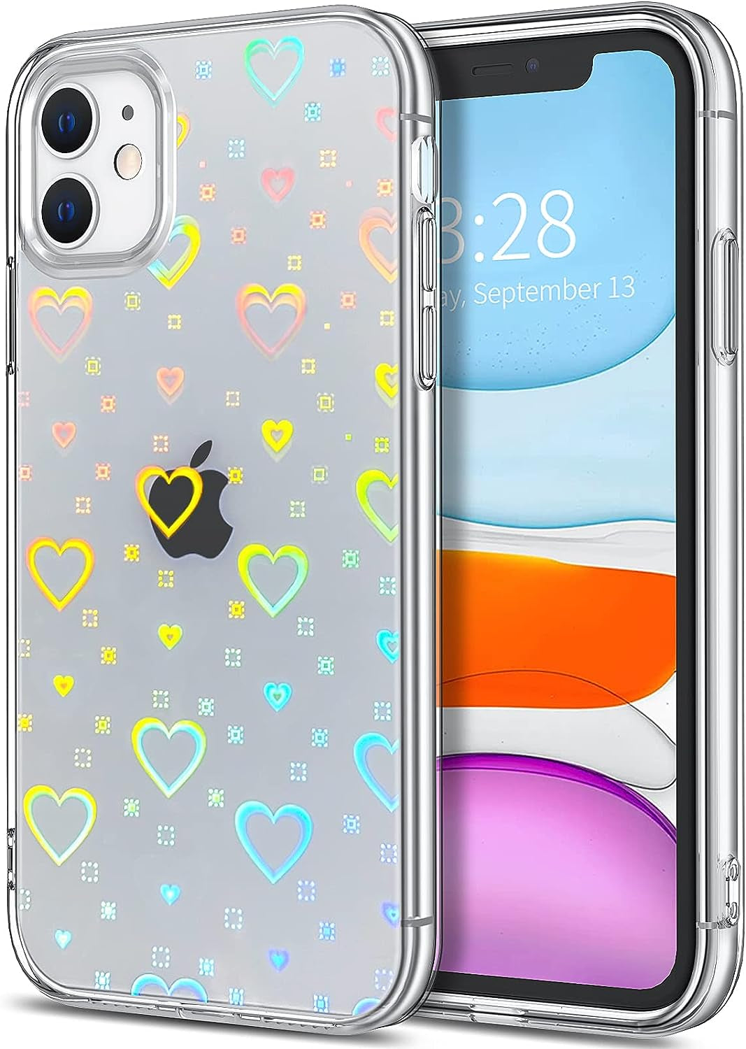 LOEV Compatible with Iphone 14 plus 6.7 Inch Clear Holographic Heart Phone Case, Laser Rainbow Love Heart Cute Pattern Design Phone Case Protective Shockproof Hard PC & Soft TPU Cover for Women Girl  LOEV Iphone 11  
