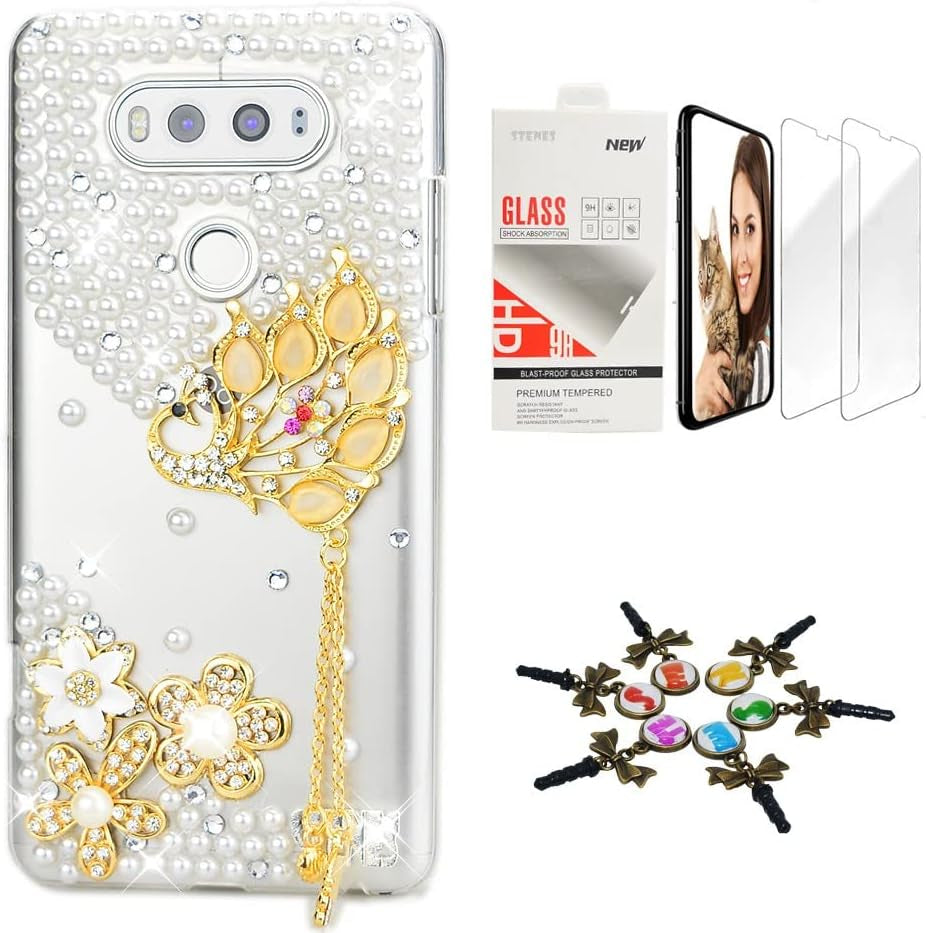 STENES Bling Case Compatible with LG V40 Thinq - Stylish - 3D Handmade [Sparkle Series] Pineapple Love Design Cover with Screen Protector [2 Pack] - Yellow  STENES Peacock Pendant Flowers / Gold Design For Lg K10 2017 / Lg K20 
