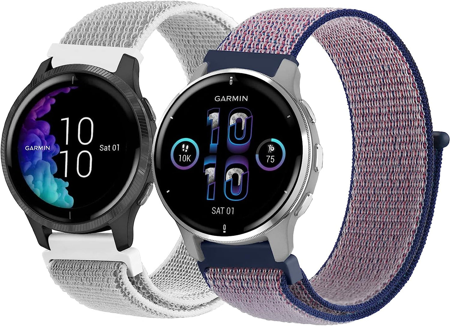 2 Pack Bands for Garmin Venu / Venu 2 plus / Venu Sq Watch Band Women Men, Soft Nylon Adjustable Replacement Wristband Strap for Garmin Vivomove Sport, Vivoactive 3 / 3 Music, Forerunner 645 / 245 Music Smart Watch  Wanme Seashell+Midnight Blue  