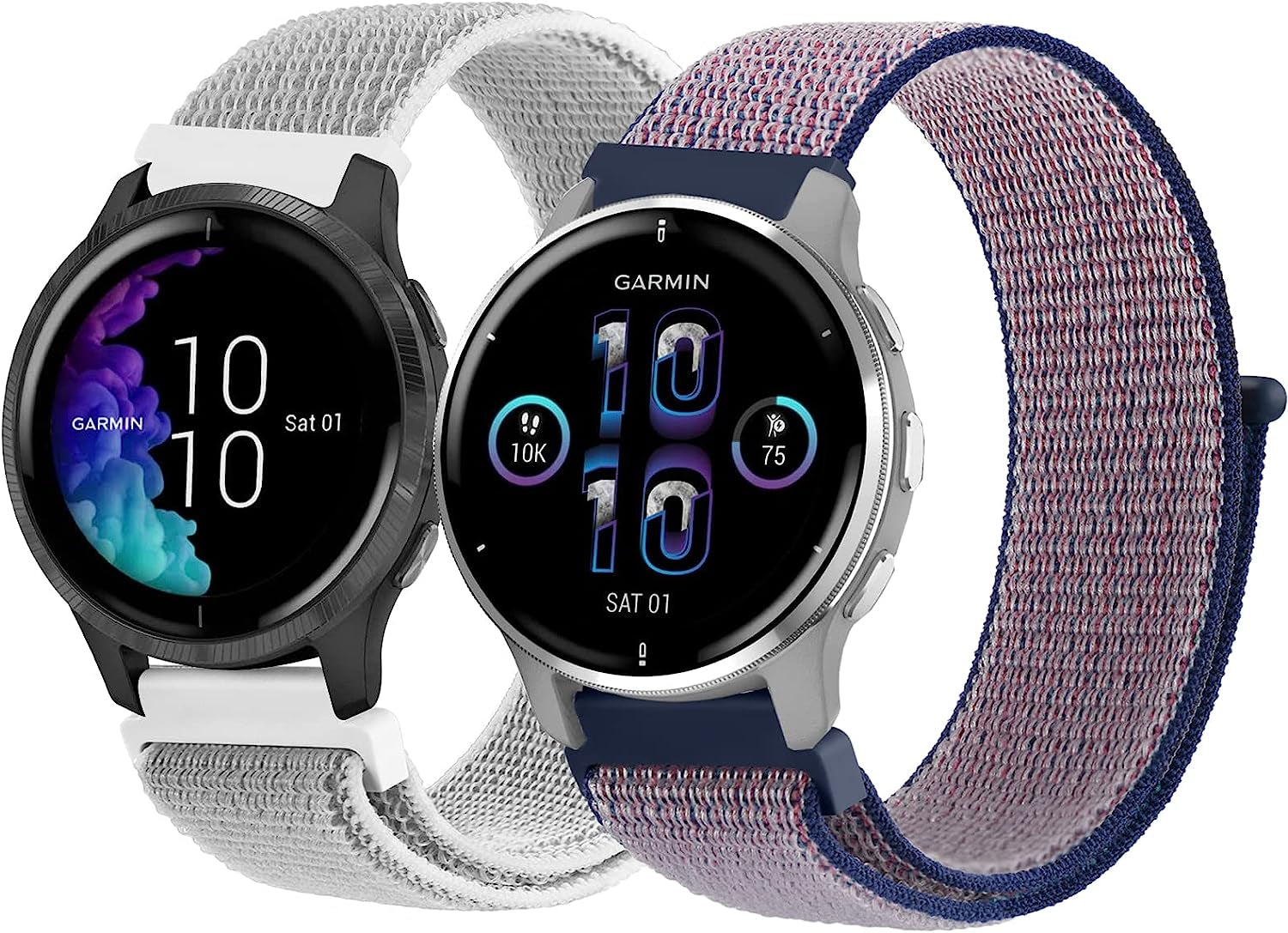 2 Pack Bands for Garmin Venu / Venu 2 plus / Venu Sq Watch Band Women Men, Soft Nylon Adjustable Replacement Wristband Strap for Garmin Vivomove Sport, Vivoactive 3 / 3 Music, Forerunner 645 / 245 Music Smart Watch  Wanme Seashell+Midnight Blue  