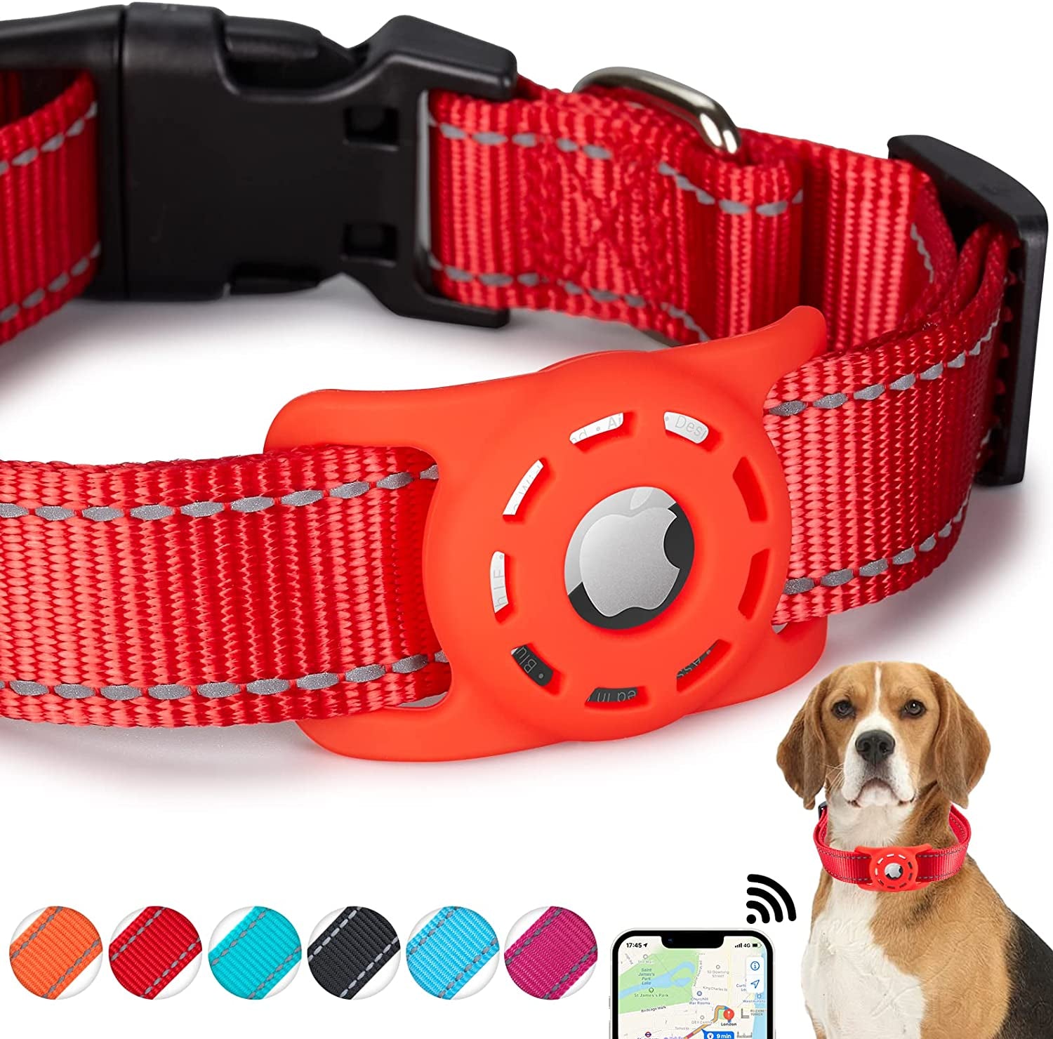 KONITY Reflective Airtag Dog Collar, Compatible with Apple Airtag, Nylon Pet Cat Puppy Collar with Silicone Airtag Holder for Small, Medium, Large, and Extra Large Dogs  Konity RED XS: 8"-12" neck 