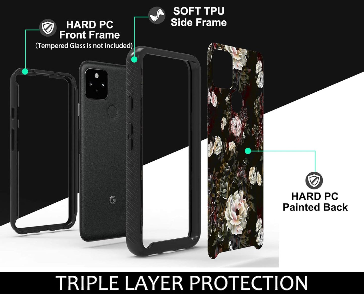 Shinymax Pixel 5 Case with Roses Design,Google Pxiel 5 Phone Case,Hybrid Triple Layer Armor Protective Cover Flexible Sturdy Anti-Scratch Shockproof Bumper Cute Case for Women and Girls-Flowers/Black  ShinyMax   