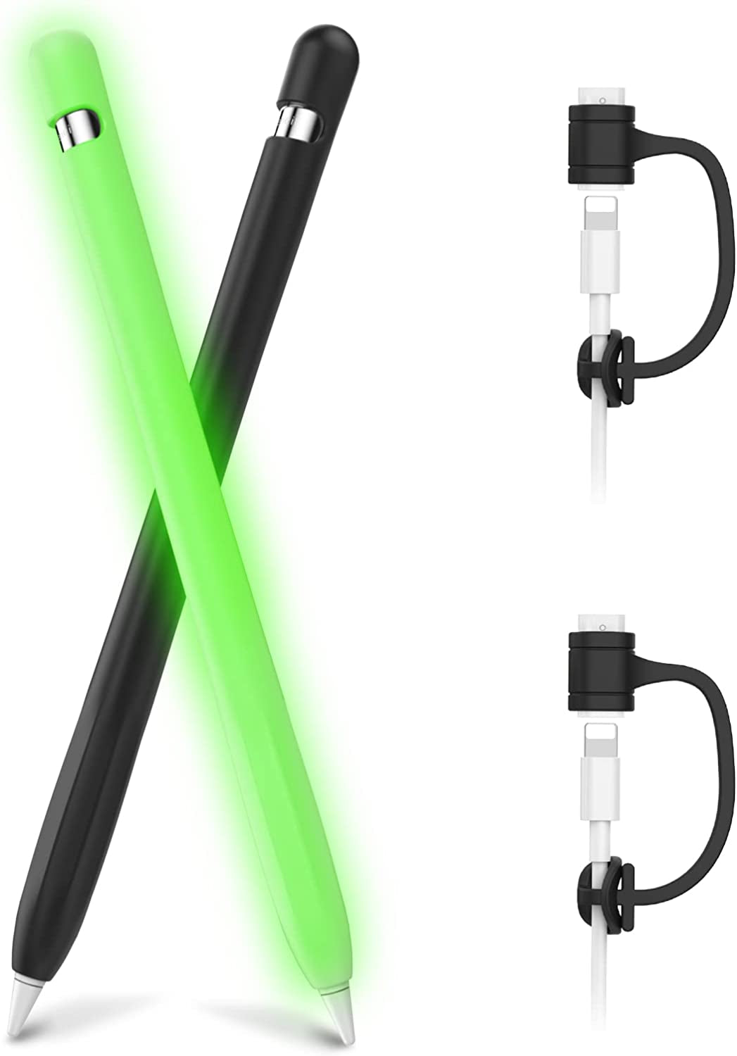 Ahastyle Anti-Slip Case Sleeve Silicone Protective Skin [ Added Cable Adapter Tether Kit] Compatible with Apple Pencil 1St Generation  AHASTYLE Black & Glow Green 2 Pack 