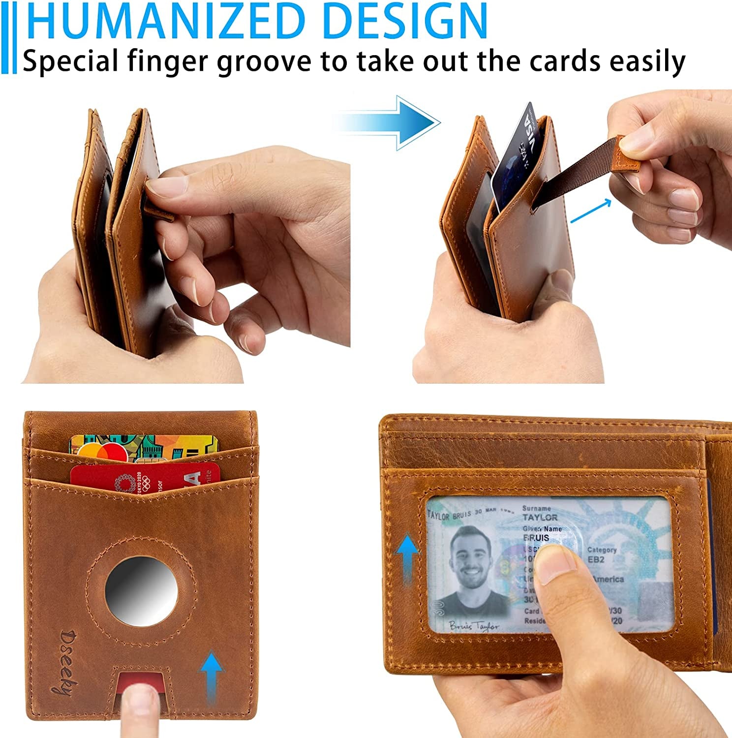 Dseeky Mens Slim Bifold Wallet Multi-Function Wallet Slim Simple Leather Wallet for Airtag Oscar,Genuine Crazy Horse Leather(Light Brown)  Dseeky   