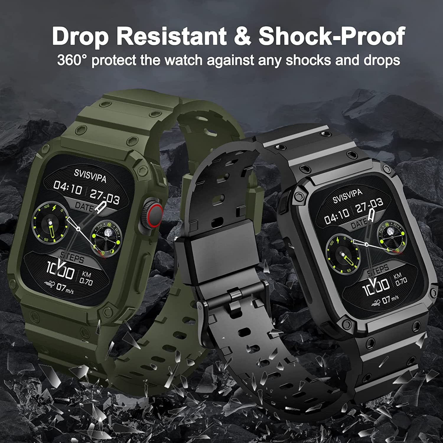 [2 Pack] SVISVIPA Band with Case Compatible for Apple Watch 45Mm 44Mm 42Mm Iwatch Series 8 7 SE 6 5 4 3 2 1 Strap, Men Women Sport Strap with Bumper Rugged Shockproof Military Protective, 2 Pack (Black，Army Green）  SVISVIPA   