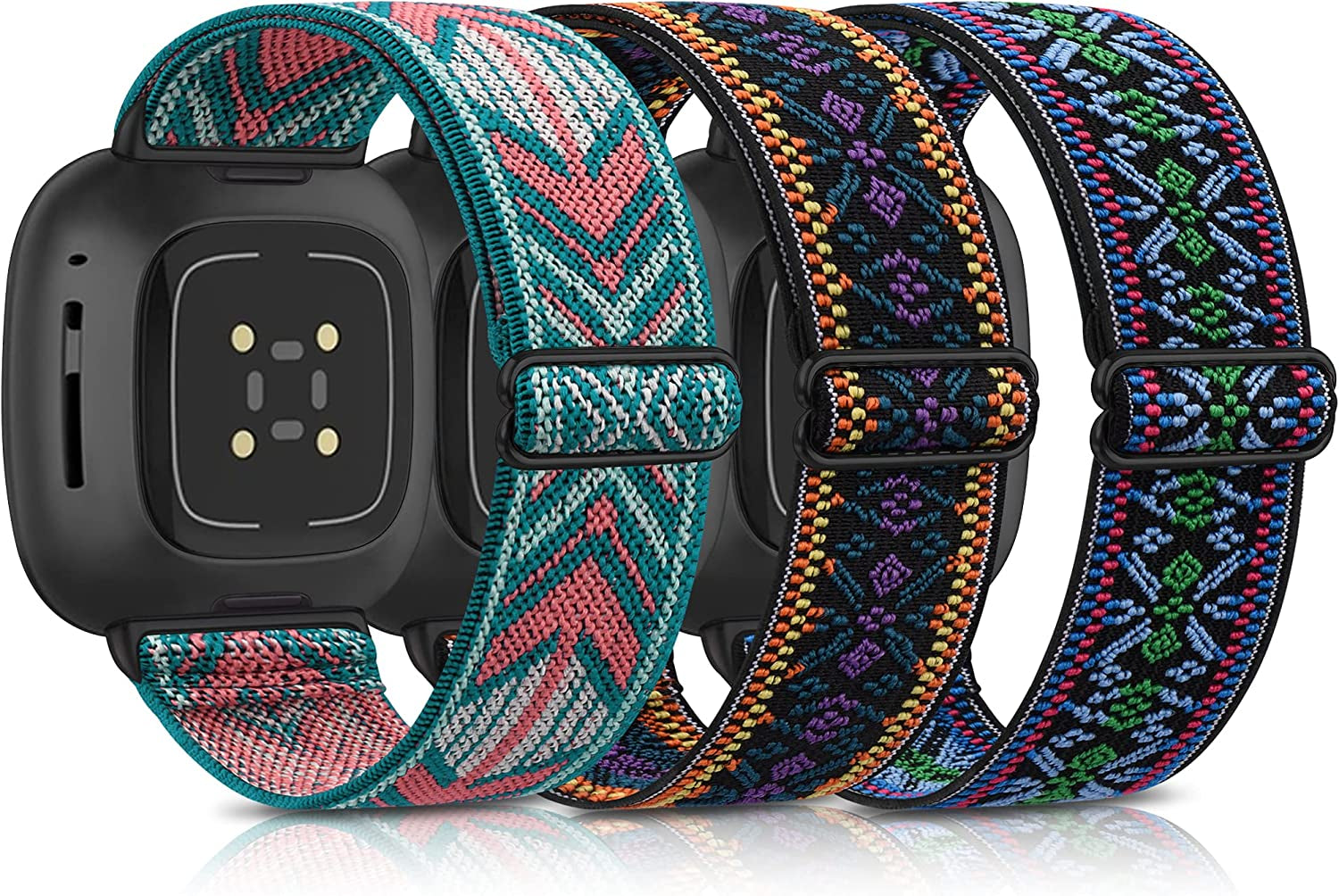 3 Pack Elastic Nylon Bands for Fitbit Sense Bands & Fitbit Versa 3 Bands Women Men, Skin-Friendly Soft Breathable Replacement Band for Fitbit Versa 3 & Fitbit Sense  Meliya Green Arrow+Boho Green+Boho Purple  