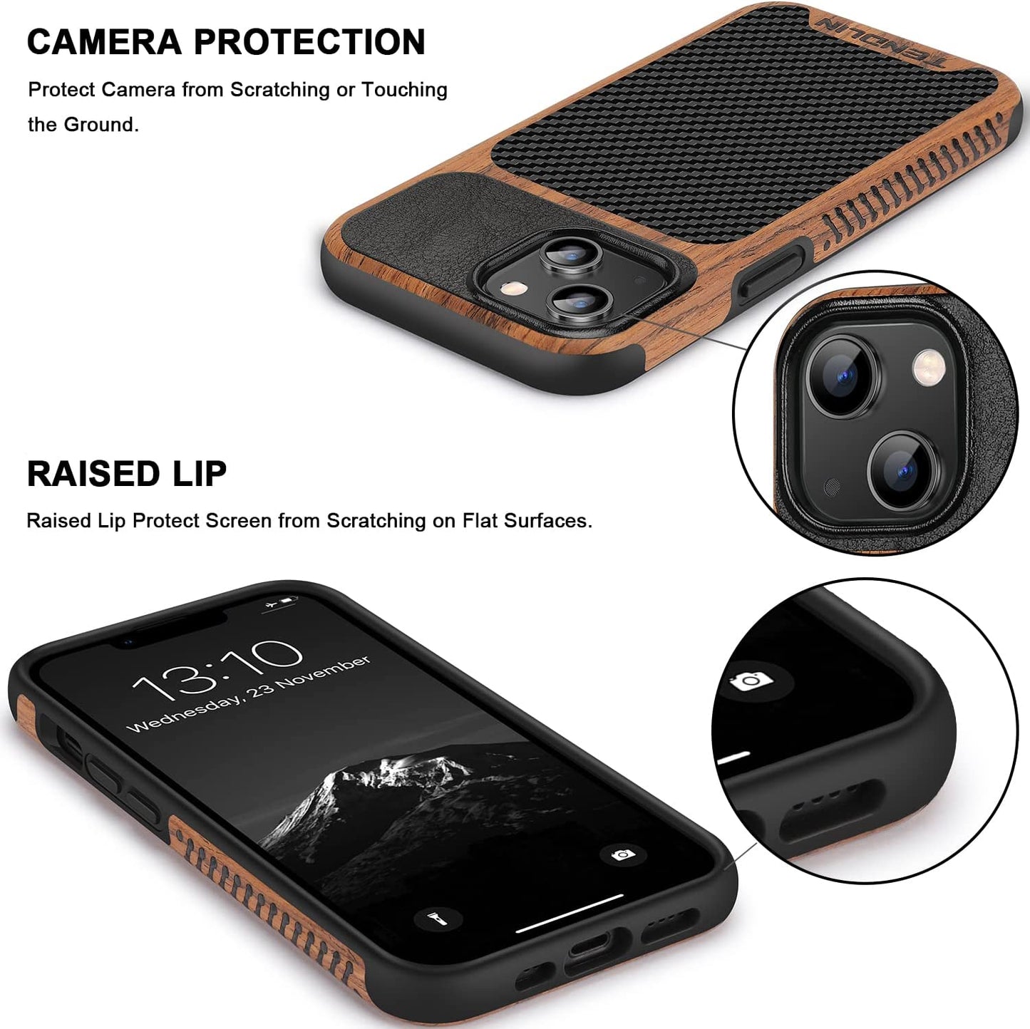 TENDLIN Compatible with Iphone 14 Case Wood Grain with Carbon Fiber Texture Design Leather Hybrid Slim Case Black  TENDLIN   
