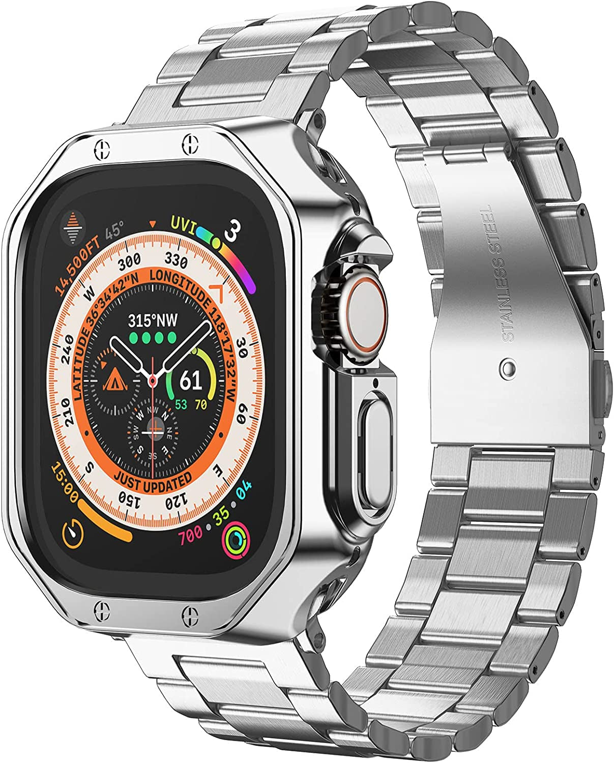 MRYUESG Compatible with Apple Watch Band and Case, Stainless Steel Metal Chain with TPU Cover, Smart-Watch Link Bracelet Strap, Wrist-Band for I-Watch Series 8 7 6 5 4 3 2 1 SE SE2  MRYUESG Silver 42/44/45mm 