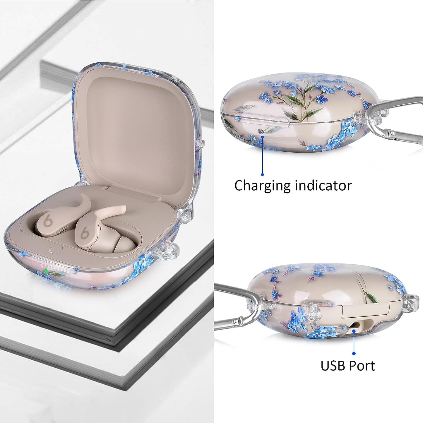 Beats Fit Pro Case Cover, QINGQING Cute Hard Case for Apple Beats Fit Pro 2021/2022 Protective Earbuds Case with Keychain for Men Women (Blue Floral)  QINGQING   