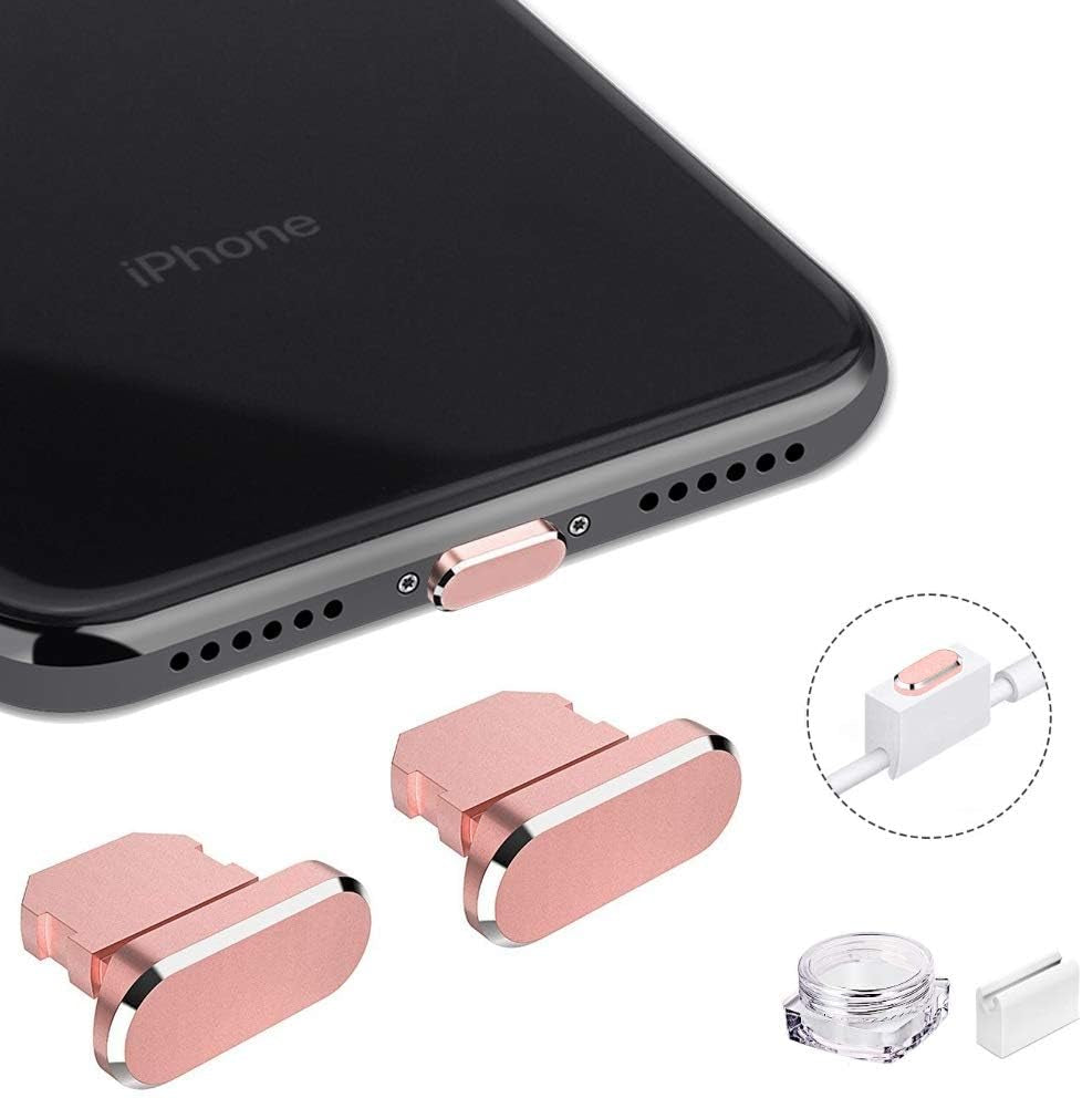 VIWIEU Metal anti Dust Plug Compatible with Iphone 14 13 12 11 X XS XR 8 7 SE Mini plus Pro Max Ipad Airpods, 2 Pack Lightning Charging Port Cover Protectors with Plug Holder and Storage Box (Black)  VIWIEU 09 Rose Gold 2 PCS 
