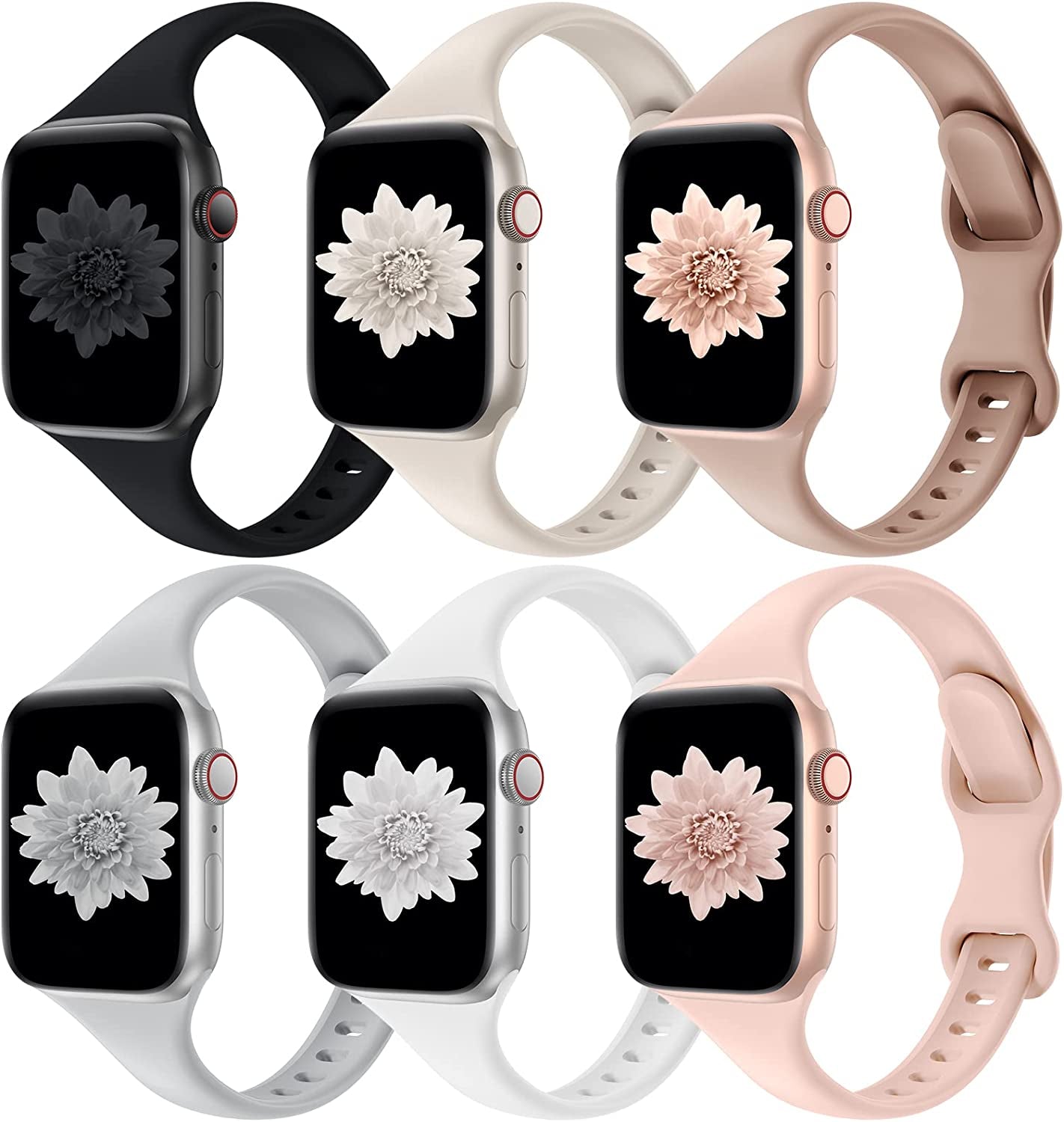Distore 6 Pack Bands Compatible with Apple Watch 38Mm 40Mm 41Mm 42Mm 44Mm 45Mm 49Mm, Slim Thin Narrow Replacement Soft Silicone Sport Strap for Iwatch Series Ultra 8/7/6/5/4/3/2/1 SE Women Men  Distore Black/Starlight/Milk Tea/Gray/White/Pink Sand 42/44/45/49mm 
