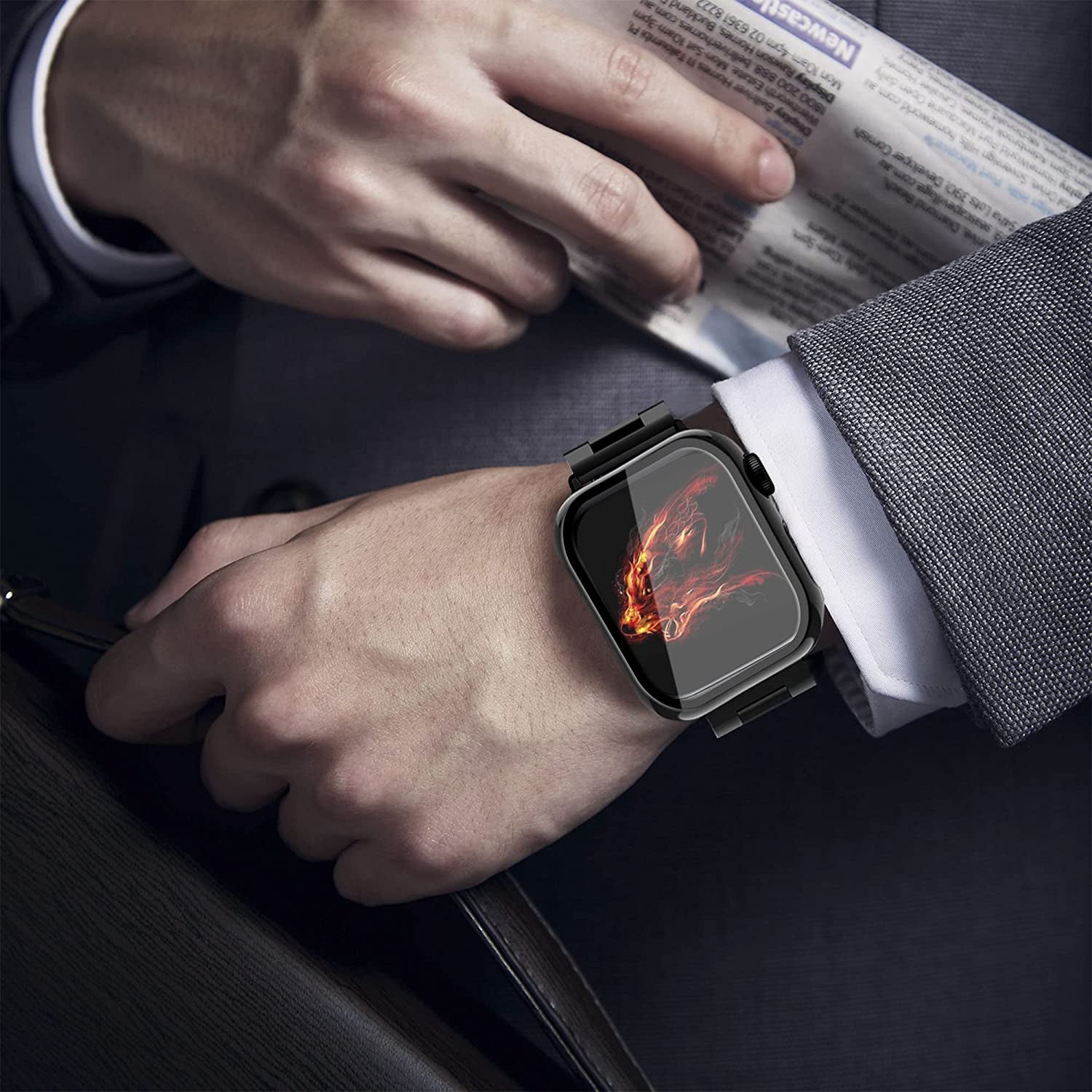 Bekomo Compatible with Apple Watch Band 49Mm 44Mm 45Mm 42Mm 40Mm 38Mm 41Mm, Stainless Steel Metal XL Large Iwatch Bands with 2 Pack Tempered Glass Screen Case for Series Ultra 8/7/6/5/4/3/2/1/SE for Men  Bekomo   