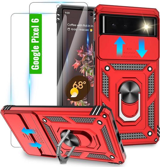 Ibaove for Google Pixel 6 Case, Pixel 6 Case with 2 Pcs HD Screen Protector and Slide Camera Cover, Military Protection Shockproof with Ring Kickstand Case for Google Pixel 6, Red  iBaove   