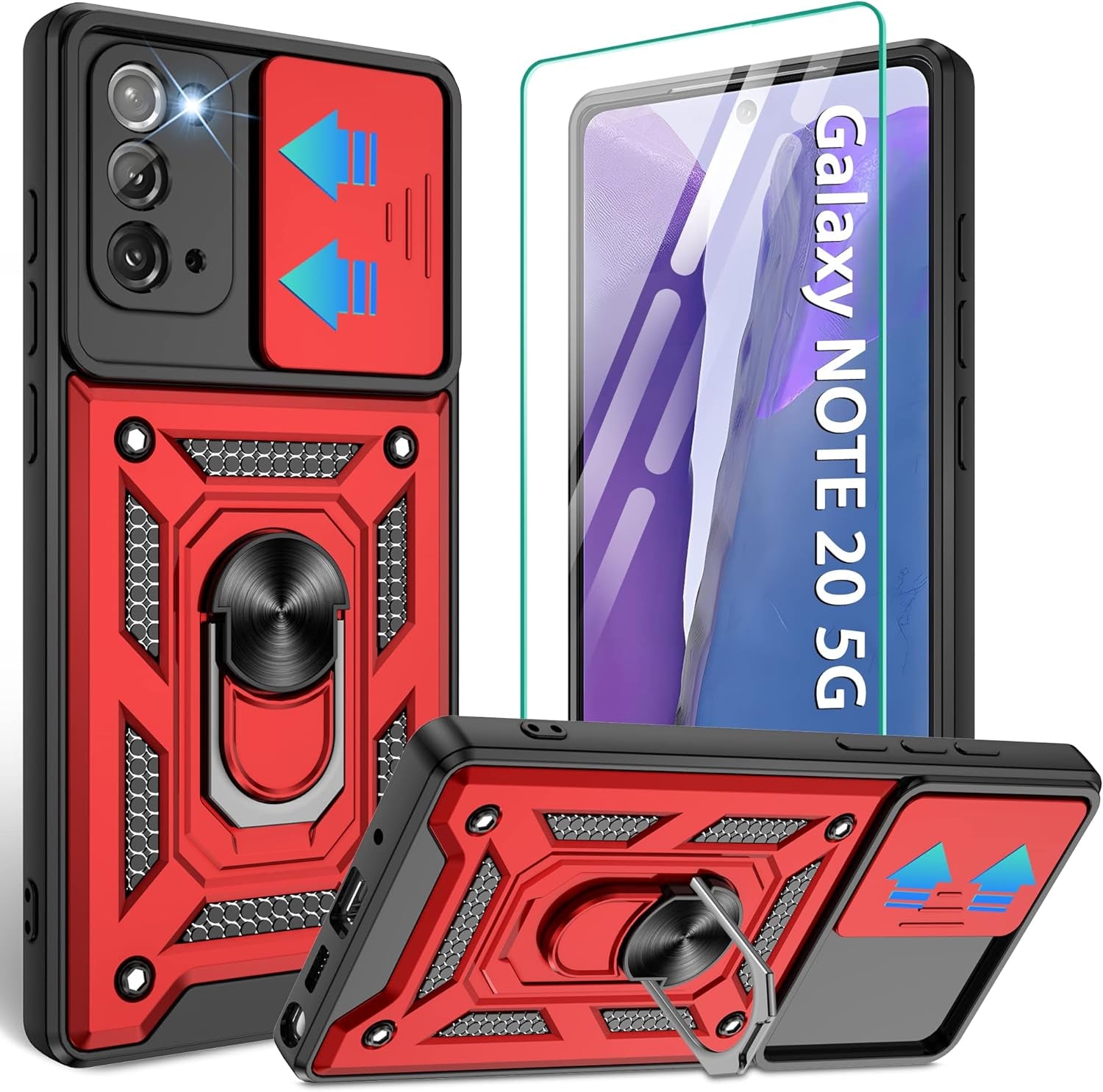 Compatible with Samsung Galaxy Note 20 5G Case,Samsung Note 20 Case with HD Screen Protector with Slide Camera Cover, 360°Rotation Ring Kickstand [Military Grade] Case for Galaxy Note 20,Silver  Gritup Red  