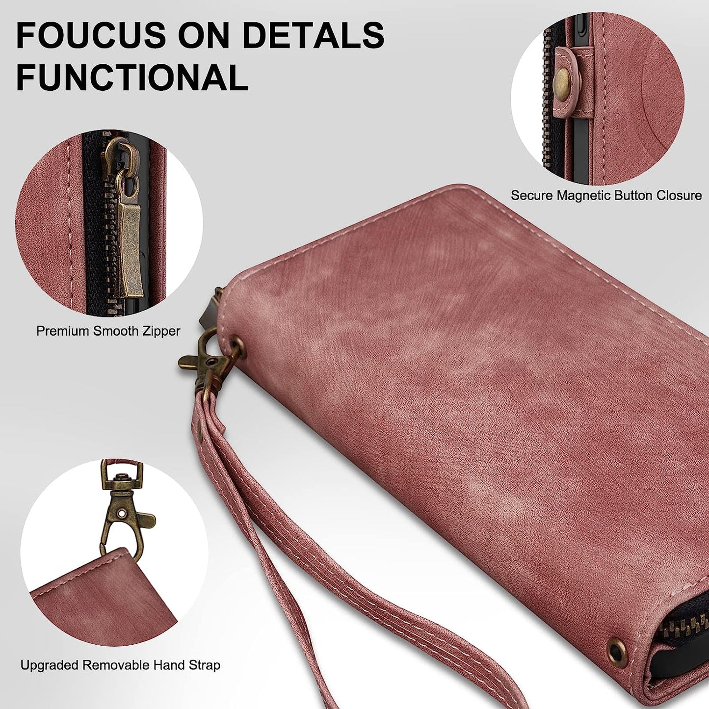 Rssviss for Iphone 12/12 Pro Case Wallet Cover for Women Men, 《RFID Blocking》《Magsafe》Credit Card Holder Leather Strap Zipper Wristlet Iphone 12 Pro Case with Magnetic Shockproof 6.1" Vintage Pink  Rssviss   