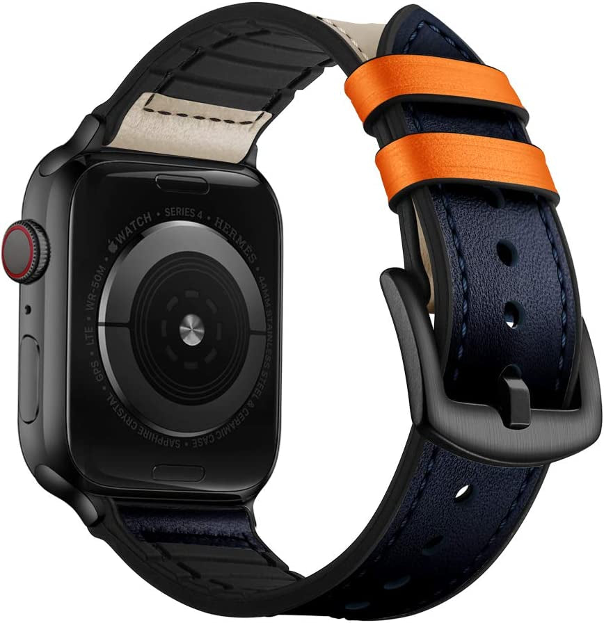 OUHENG Compatible with Apple Watch Band 49Mm 45Mm 44Mm 42Mm, Sweatproof Genuine Leather and Rubber Hybrid Band Strap for Iwatch Ultra Series 8 7 6 5 4 3 2 1 SE2 SE, Brown Band with Black Adapter  OUHENG Indigo Beige/Black 49mm/45mm/44mm/42mm 